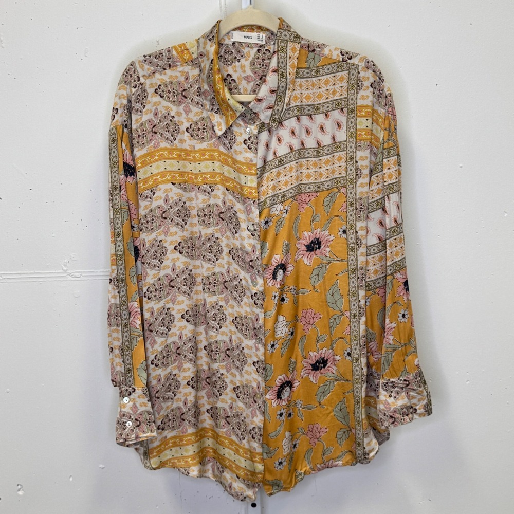 Mango MNG Mixed Floral Paisley Patchwork Boho Satin Button Down Blouse Yellow XL